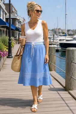 Covington Blue Linen Blend Embroidered A-Line Midi Skirt Women's 14
